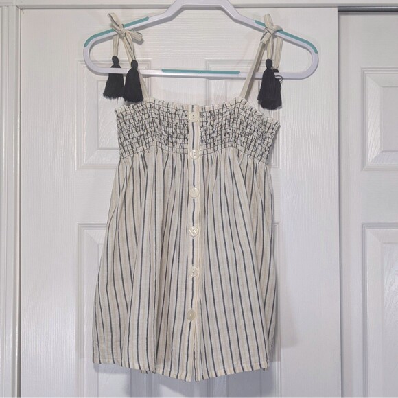 NWT Maurices Tank Top Linen Blend Stripe Babydoll S Small Smocked Button Tassel - Picture 2 of 9